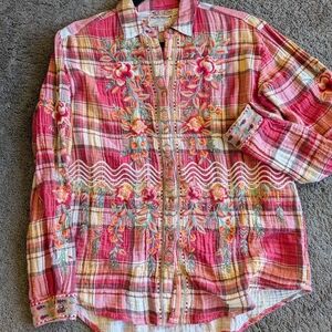 Johnny Was Pink Plaid Embroidered Blouse